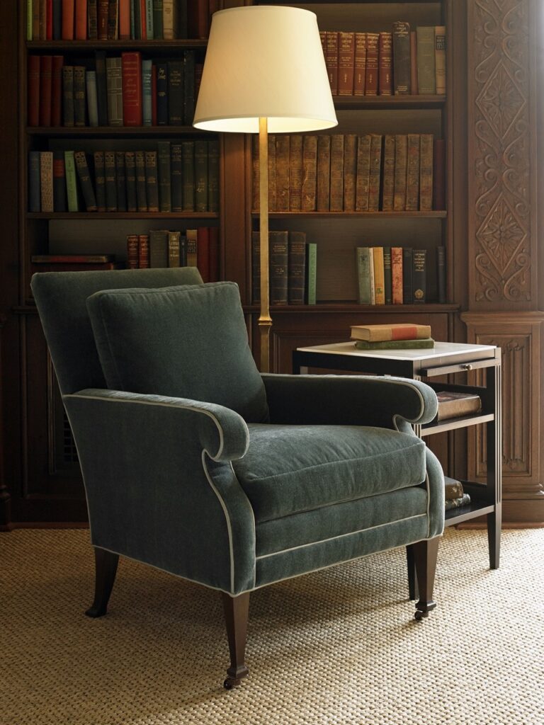 A dark green chair in a study room.