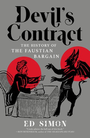 The cover of Devil's Contract by Ed Simon, grey with a man and a devil having a discussion