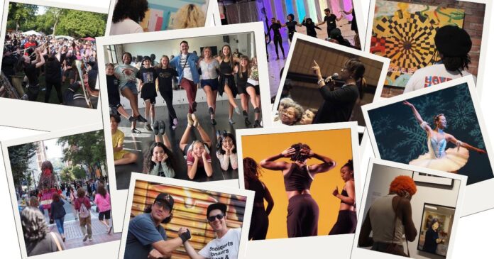 A postcard collage of images of people at the Greater Pittsburgh Arts Council going to events
