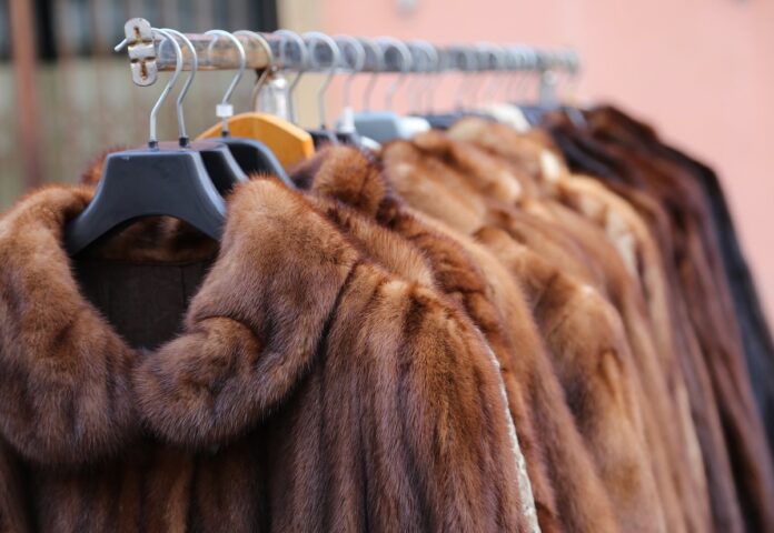 A rack of light brown furs from Carl W. Herrmann, a Pittsburgh store open on Black Friday