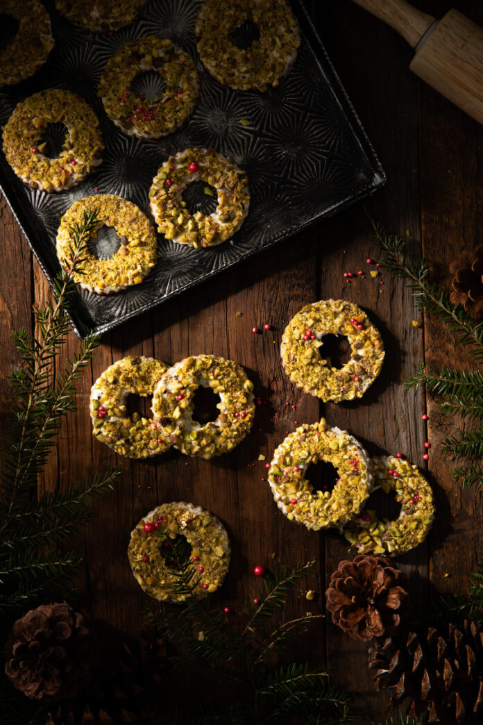 Pistachio cookies on a white background