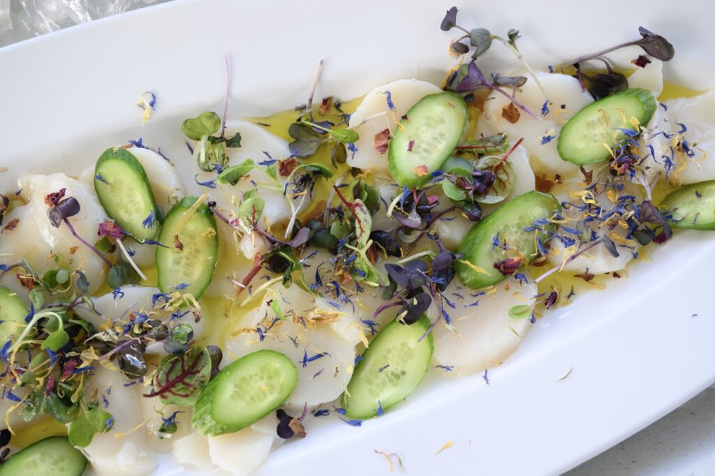 An oval white plate of scallops with cucumber and edible flowers on top.