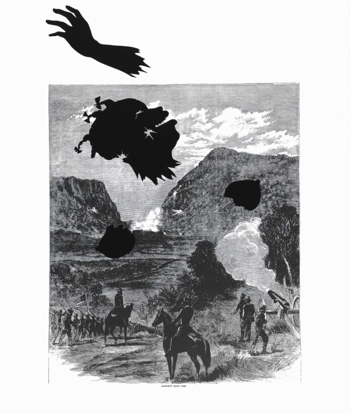 The composition of Buzzard's Roost Pass by Kara Walker, a figure with a severed hand above an etching of The Civil War.