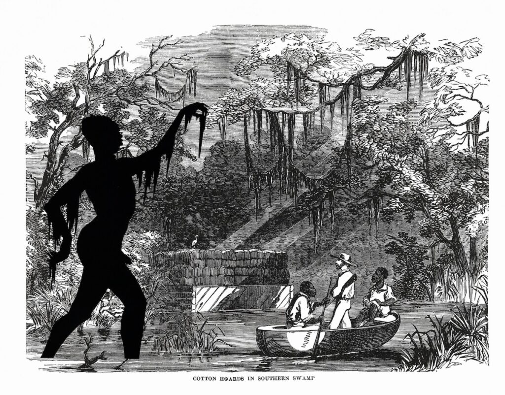 A figure parades through a swamp in this drawing by Kara Walker. 