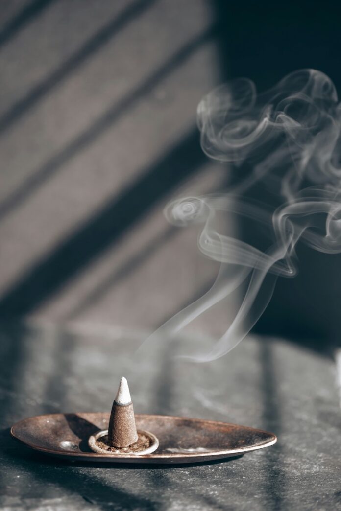 An incense cone in a meditation room.