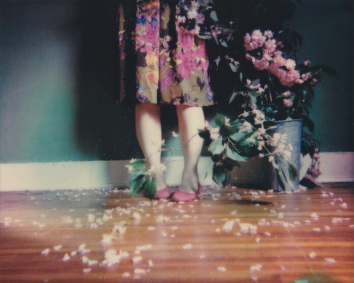 A spring photography Polaroid of a woman standing, only her legs visible as she is surrounded by flowers.