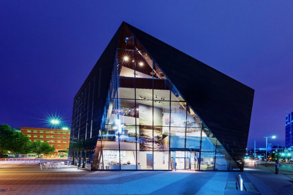 A triangular modern architectural building, the MOCA Cleveland gallery.