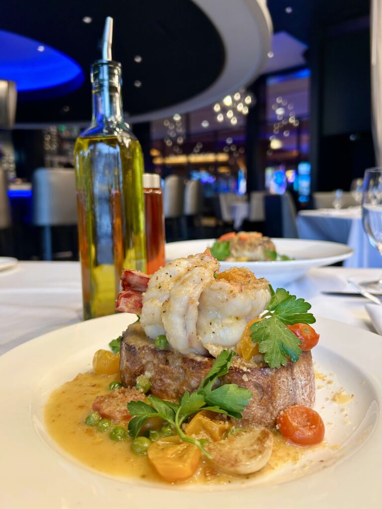 Shrimp Scampi Toast on a white plate for Lent at Rivers Casino Pittsburgh.