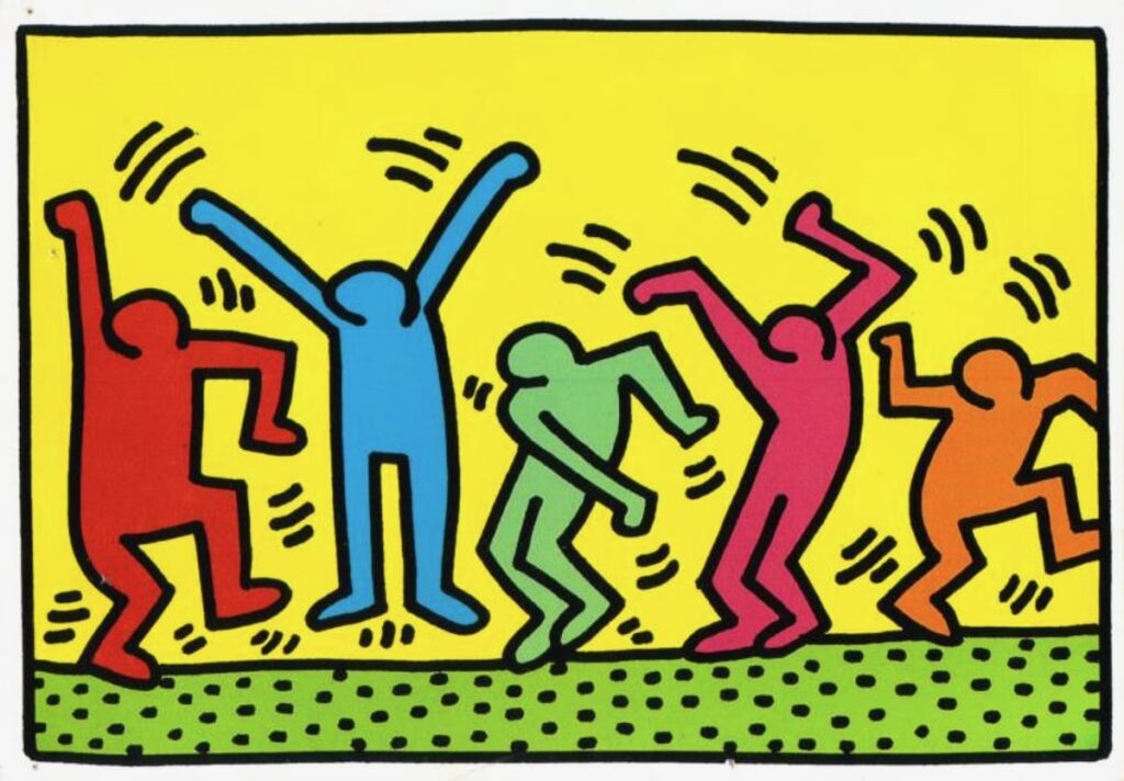 Figures dance on a yellow background in an image by Keith Haring