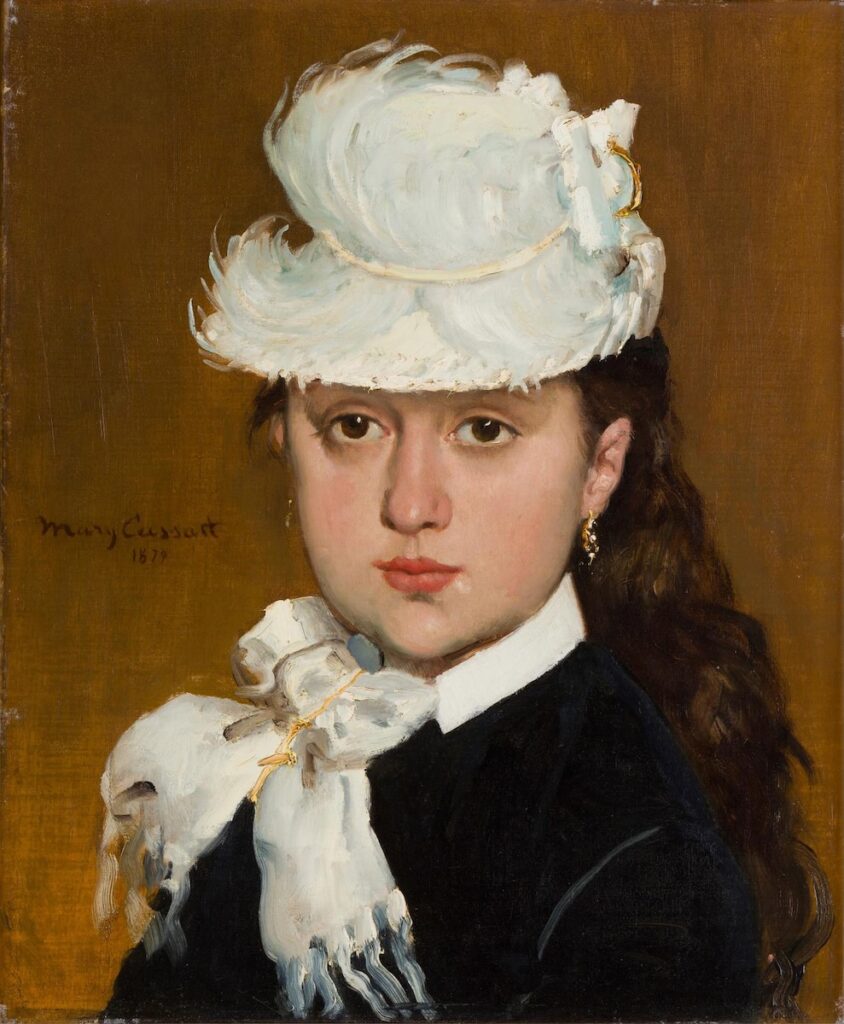 A painting by Mary Cassatt with a girl in a white hat. 