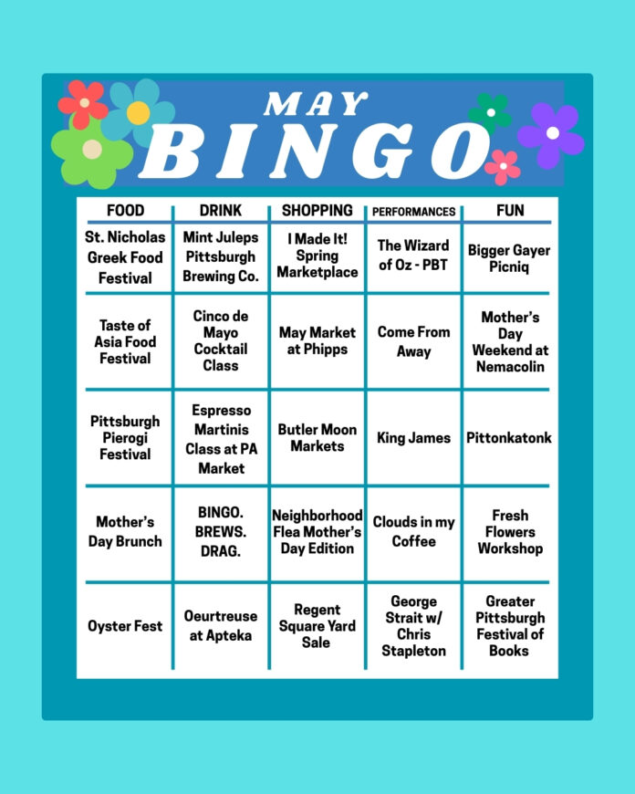 What to Do in Pittsburgh: May 2025 A blue themed BINGO card graphic with spots filled with Pittsburgh events in the month of May.