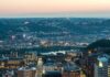 A Night Out in Oakland, The Heart of Pittsburgh An aerial view of Oakland in Pittsburgh at sunset.