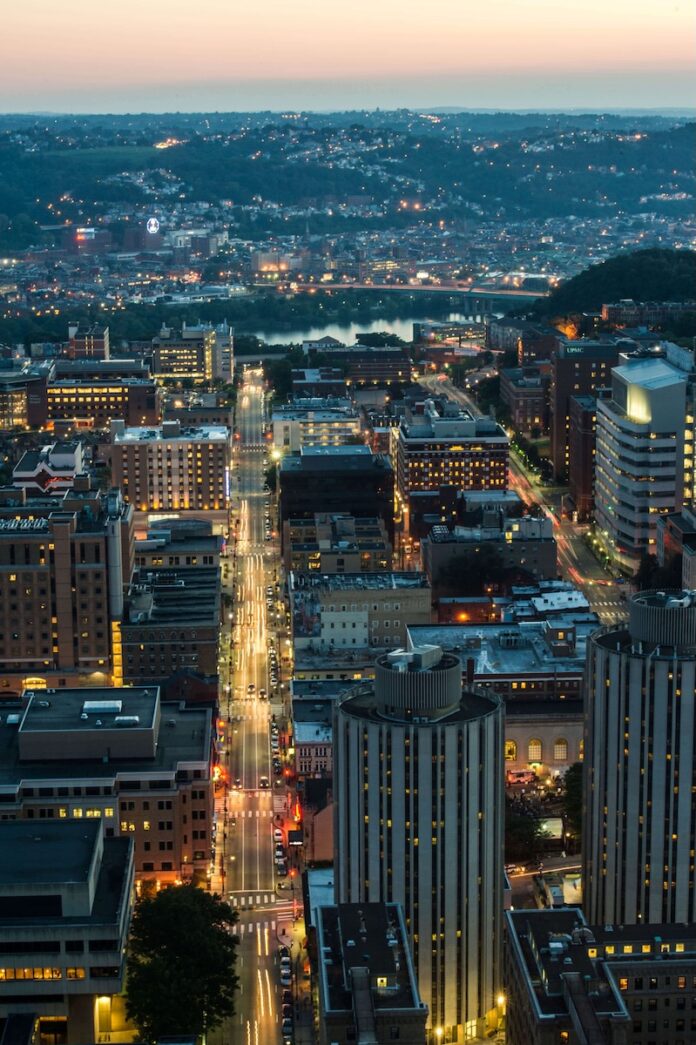 An aerial view of Oakland in Pittsburgh at sunset.