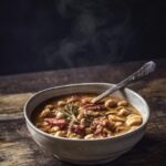 A grey bowl of Pasta e Ceci sits on a black table with pieces of bread and pasta scattered around the bowl.