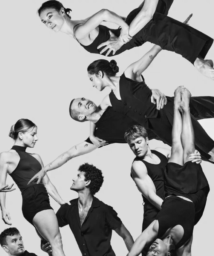 A group of dancers in blank and white sit in a collage on a white background.