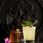 A bee's knees cocktail on a black background.