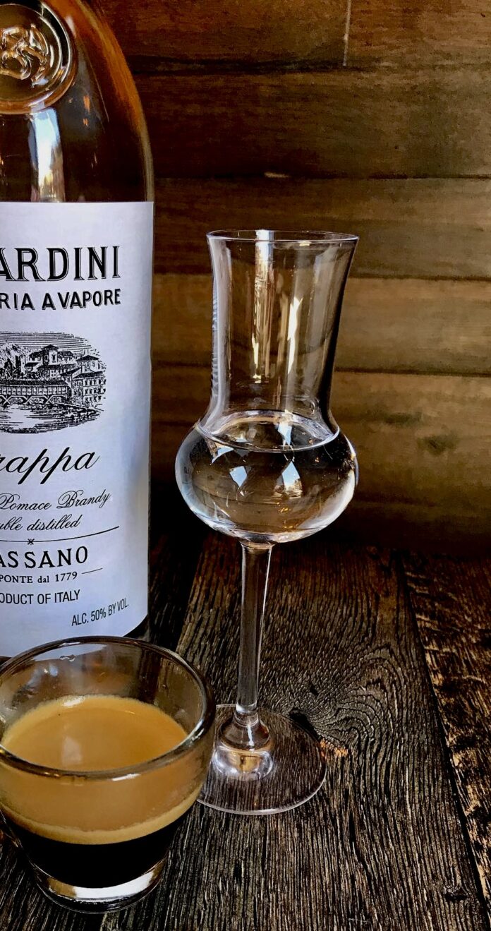 A glass of grappa and espresso from Grapperia.