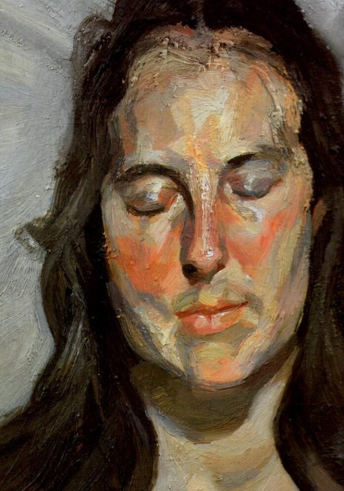 Woman With Eyes Closed by Lucian Freud, an Expressionist painting of a woman with her eys closed.