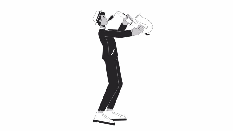 jazz saxophone player bw outline cartoon animation saxophonist musician 4k motion graphic indian man playing instrument 2d monochrome linear animated character isolated on white background video 768x432