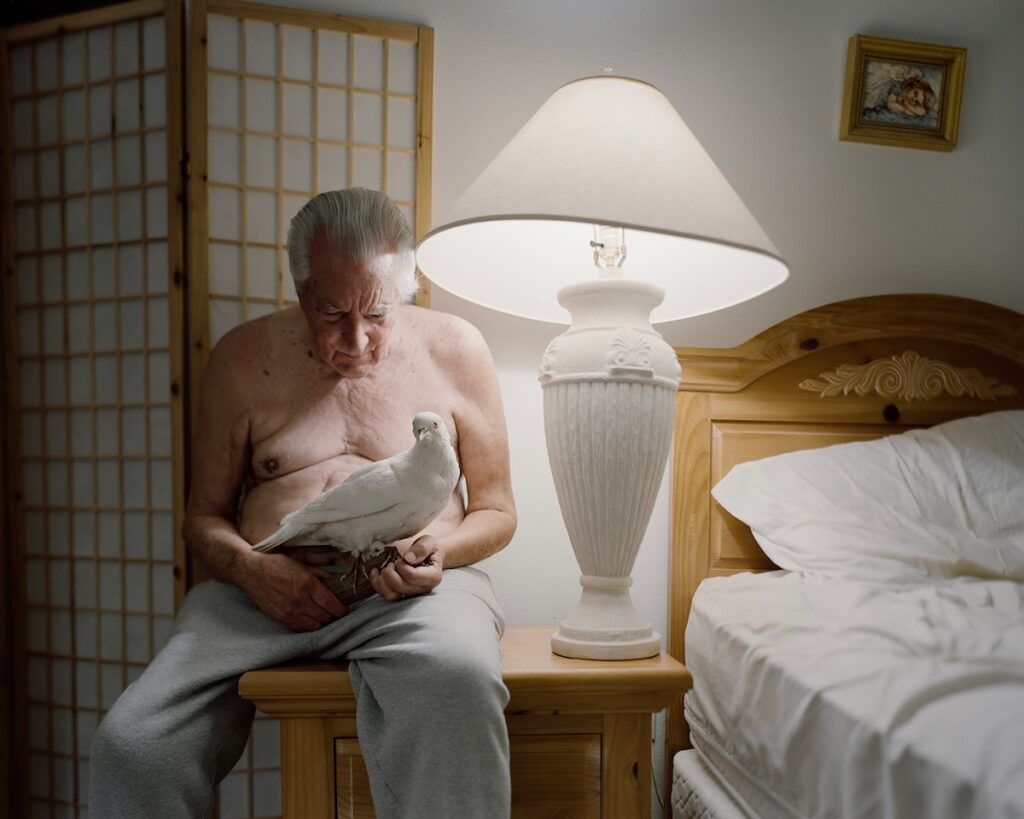 A portrait of Alana Perino's father with a dove in his hand.