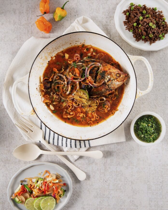 A plate of poisson gros sel on a white background.