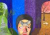 3 Emerging Artists to Watch in Pittsburgh A painting by a Pittsburgh artist of a man with a butterfly coming out of his forehead and a bright background behind him.