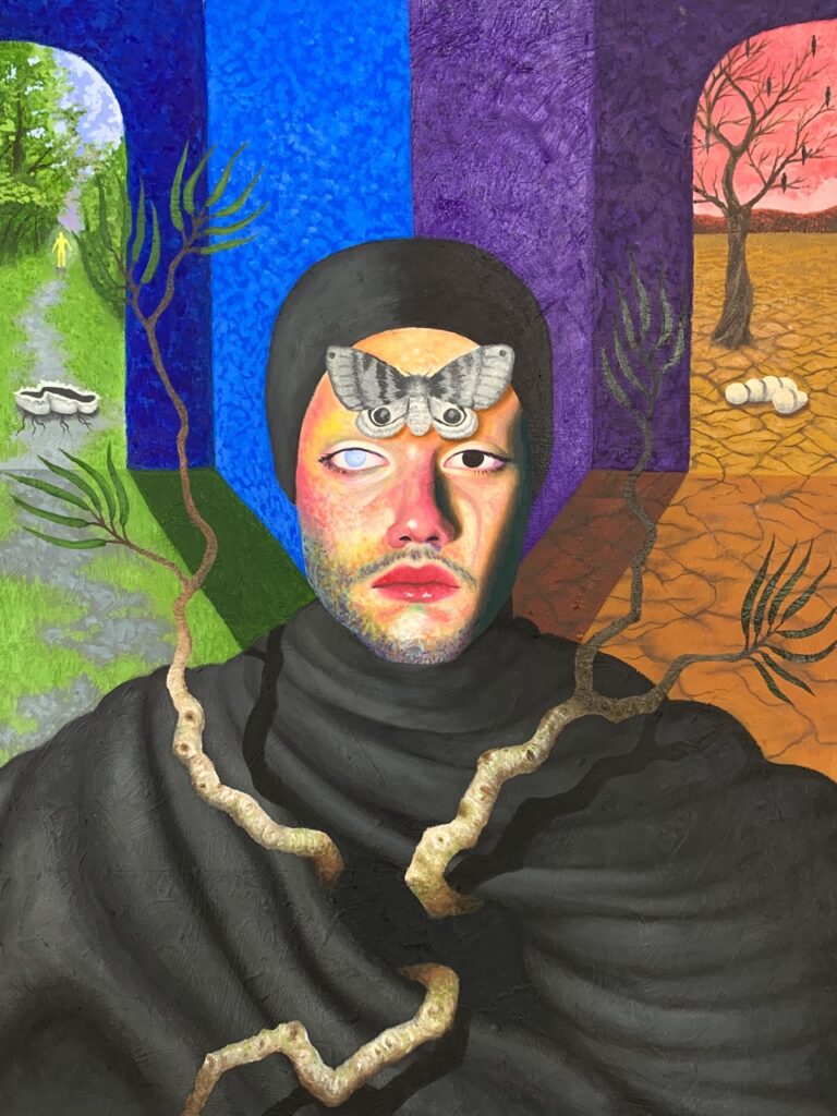 A painting by a Pittsburgh artist of a man with a butterfly coming out of his forehead and a bright background behind him.