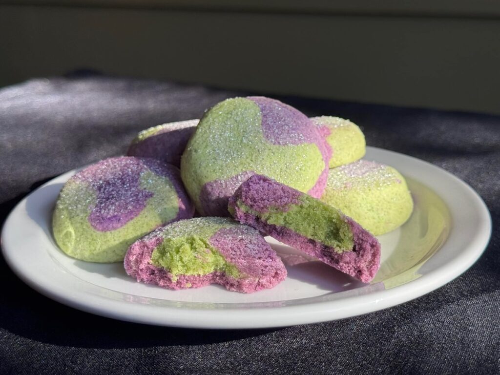Purple and green cookies from the Forgotten Flour.