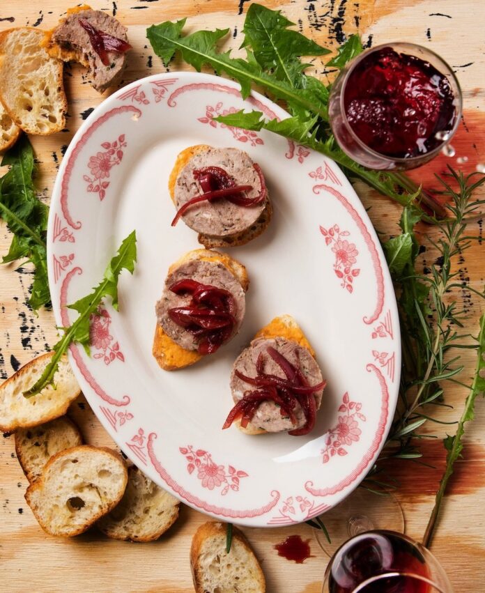 Lamb Terrine A lamb terrine staged on a floral plate.