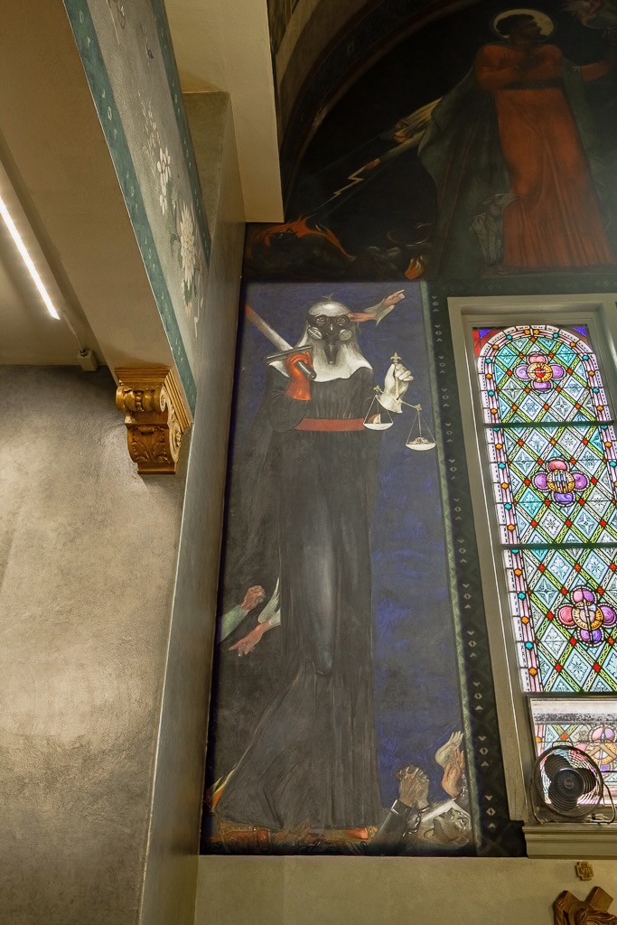 Injustice, a nun wearing a gas mask as painted by Maxo Vanka.