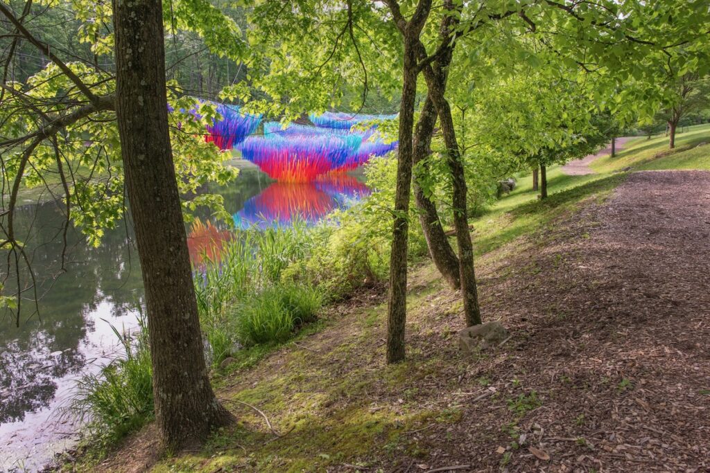 Patrick Shearn's art installation visible through trees at the Botanic Garden.