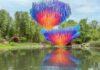 Patrick Shearn Brings Poetic Kinetics to Pittsburgh Botanic Garden An outdoor art installation by Patrick Shearn on top of a pond in the Pittsburgh Botanic Garden.