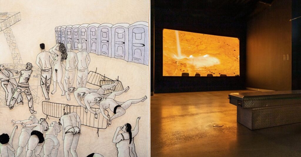 Two exhibits at the Mattress Factory in Pittsburgh side by side with drawings on the left and projections on the right.