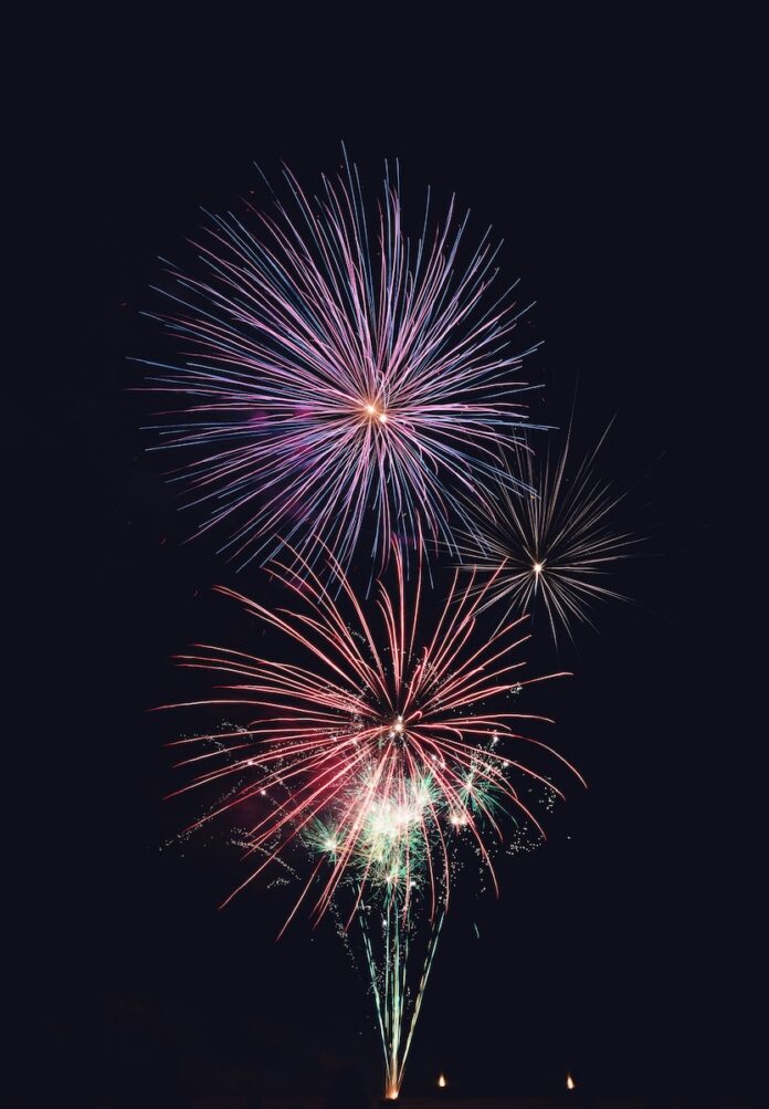 Three Fourth of July fireworks in red and blue colors explode in a nights sky.