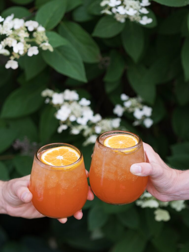 Two people cheers orange glasses of spritzes with orange slice garnishes.