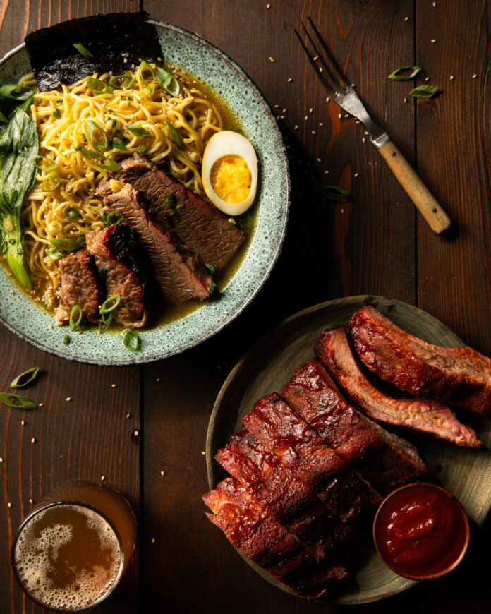 An above short of BBQ pork ribs and pork belly ramen and from Mitch’s Barbeque, Warrendale.