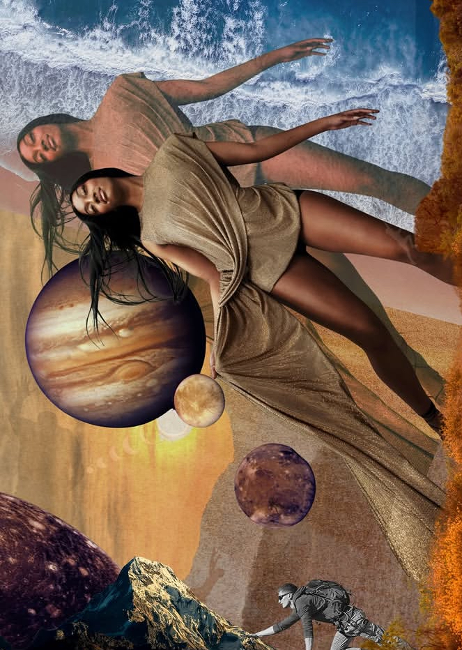 A collage by Rachel Stachelrodt showing a woman floating next to Jupiter.