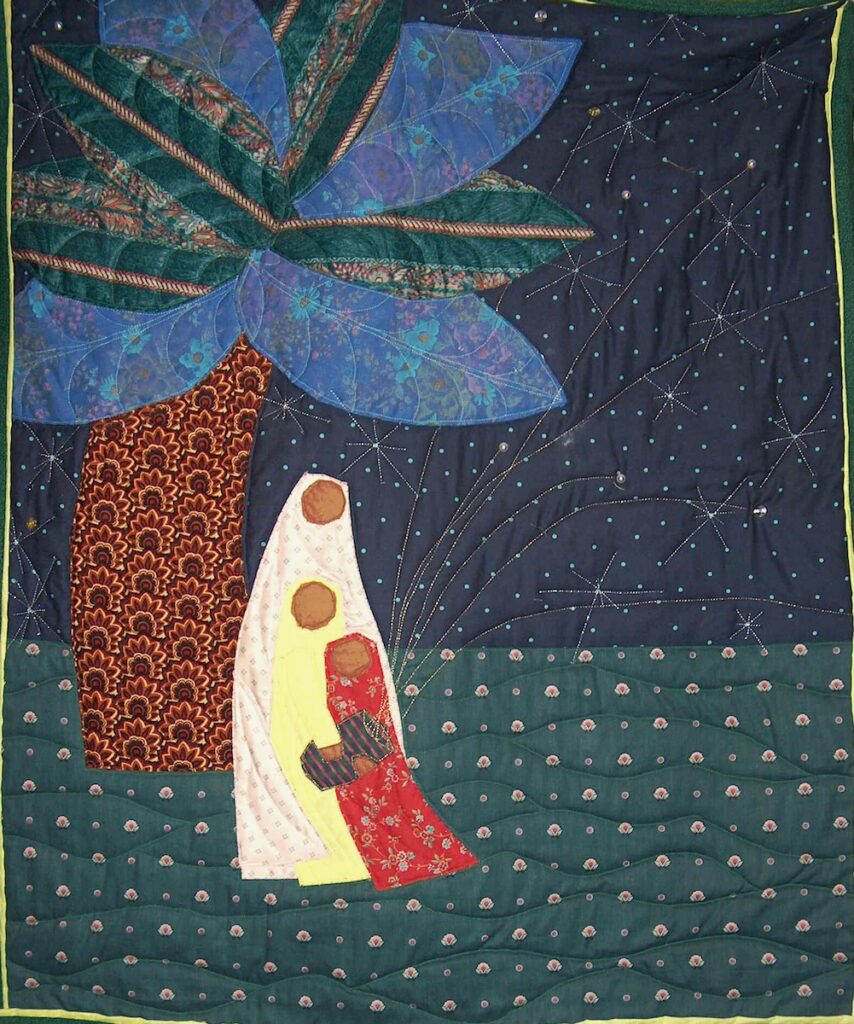 A quilt by Sandra Gould Ford depicting a mother and daughter in a celestial scene.