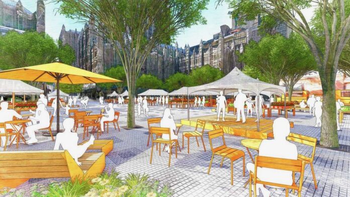 Outdoor seating that makes up the Market Square Modernization project.