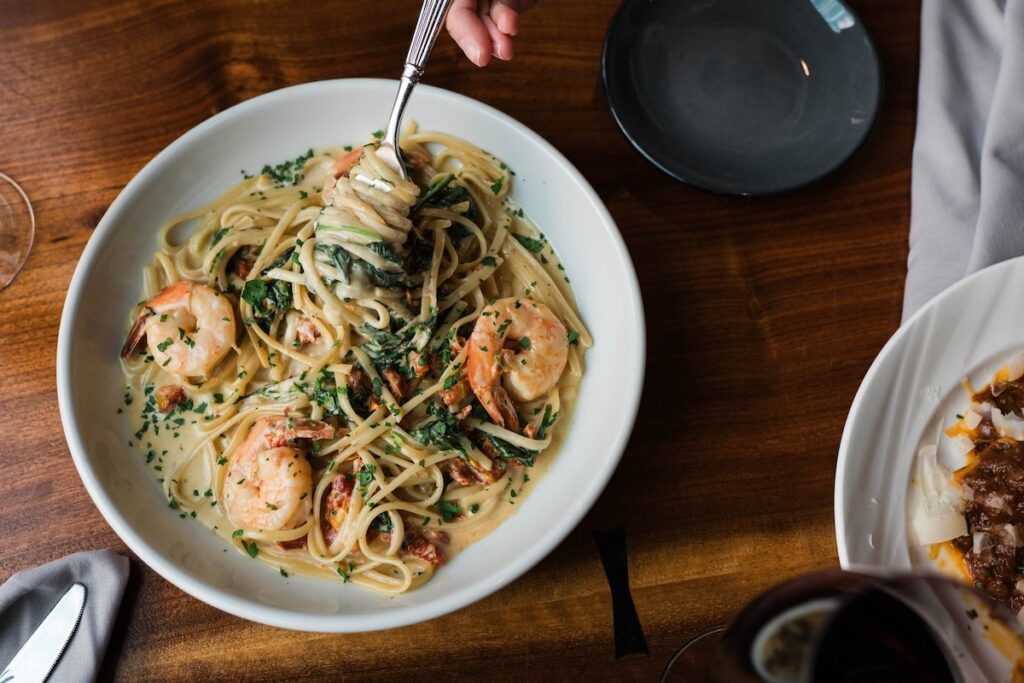 A dish of pasta with shrimp from Vallozzi's.