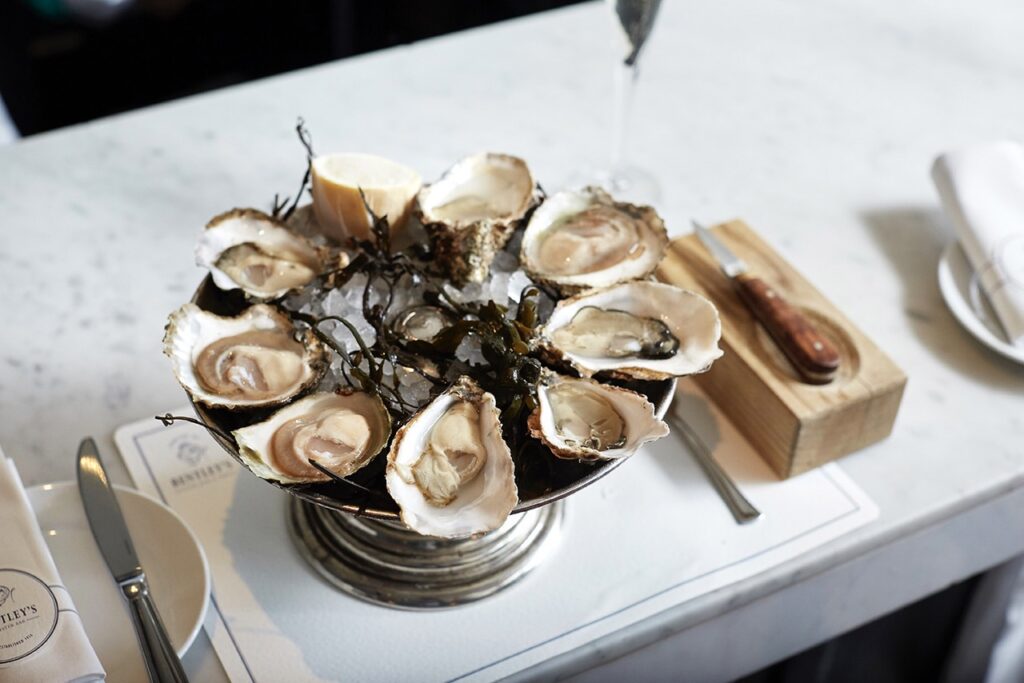 a dish of oysters at Bentley's in London England on a white counter.