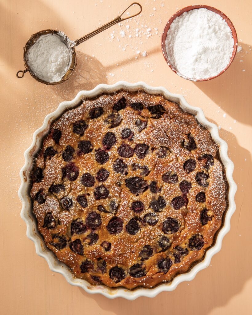 A white pie dish holds a Cherry Clafoutis with a bowl of powder sugar and a sifter sitting above it.