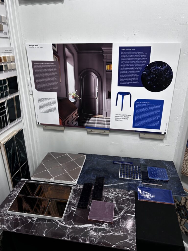 A combination of blue and purple tiles and print outs.