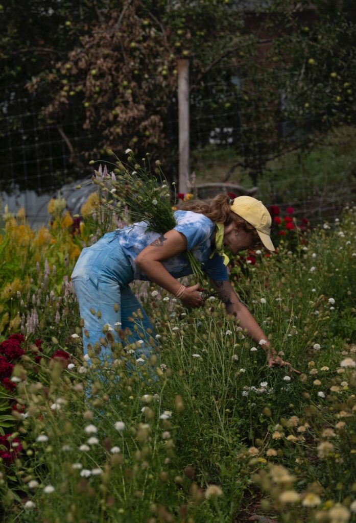 A woman picks flowers in a garden field in Pittsburgh.