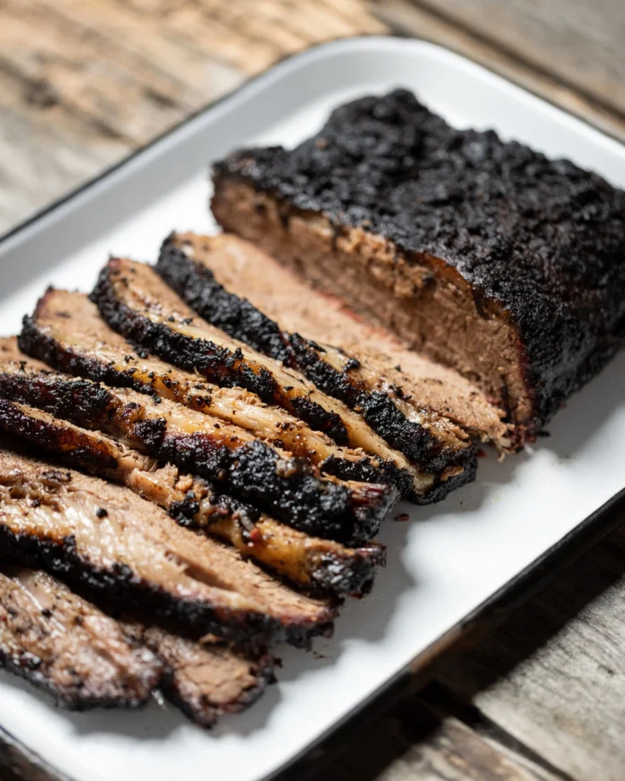 On wooden surface sits a very tender looking brisket from Spork Pit.