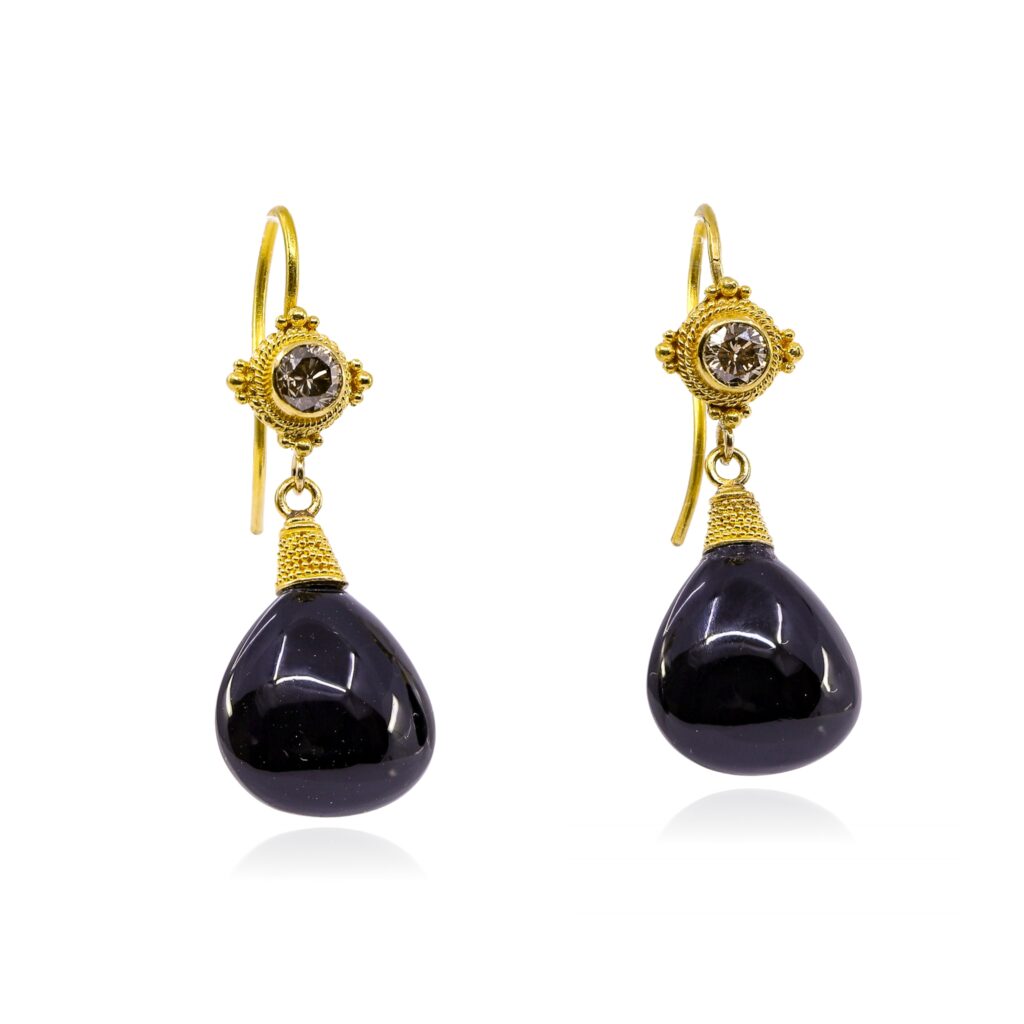 18K yellow cognac diamond earrings with black onyx dangles by Nina Pugliese shimmer even as they shadow