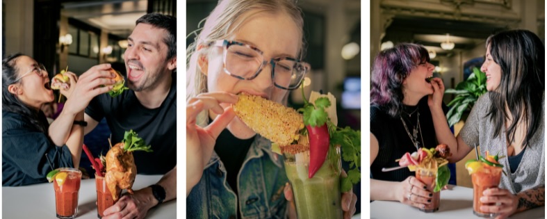 A collage of 3 different photos with people eating the garnish from loaded bloody Marys.