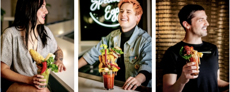 A collage of 3 different photos of individuals, each with a loaded Bloody Mary.