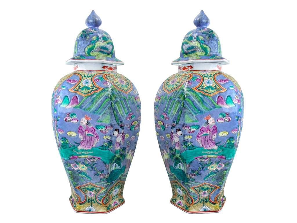 Two blue Chinese Jars With Lids