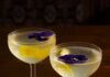 Corpse Reviver #2 Two cocktails in coupe glasses on a wooden table, each garnished with a lemon peel and a purple edible flower.